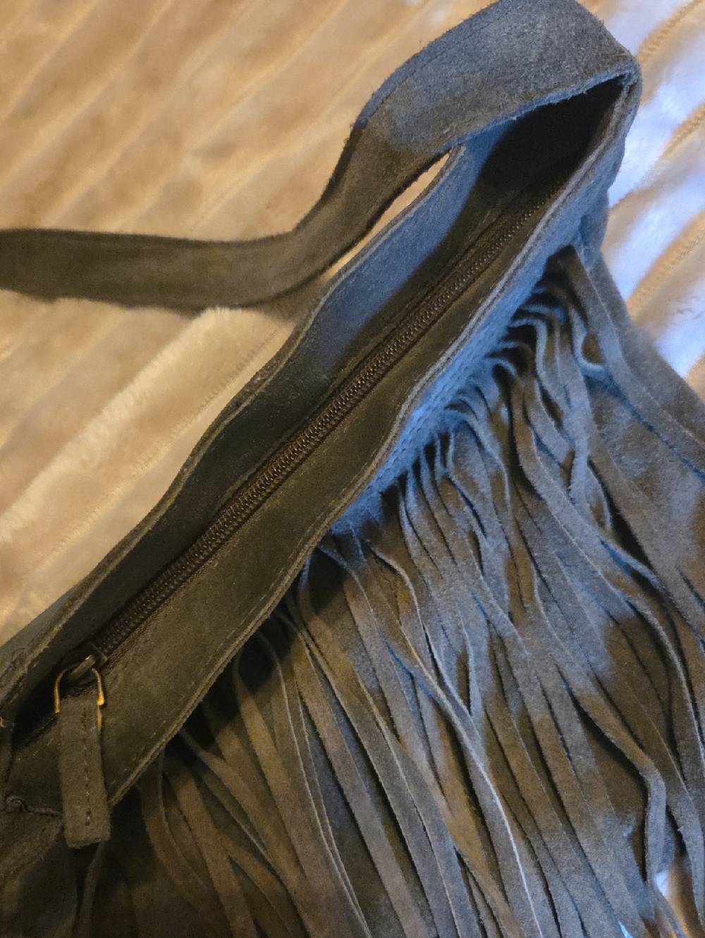 Anthropologie Leather Fringe Crossbody Bag with Blue & Cream Beaded Accent - Picture 8 of 11